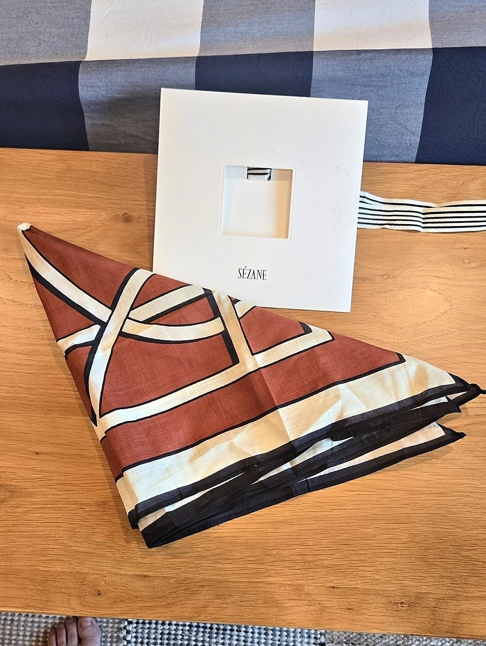 Sezane Geometric Cotton Scarf in Mocha & Cream Like New W Packaging, Paris